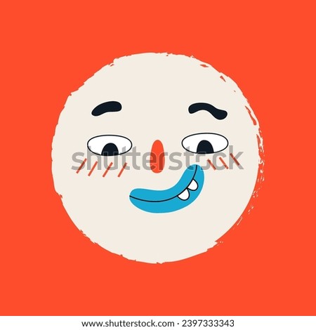 Funny snowball face in retro style. Template for card, poster, banner, fabric, paper. Vector illustration on isolated background.
