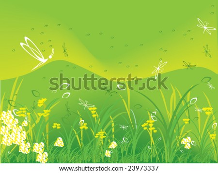 A beautiful stylized garden with flowers,dragonflies and green grass and hills