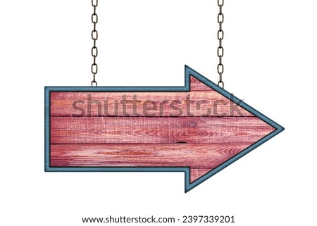 Empty marksman's sign made from rough planks hangs on iron chains. Arrow signboard isolated on white background