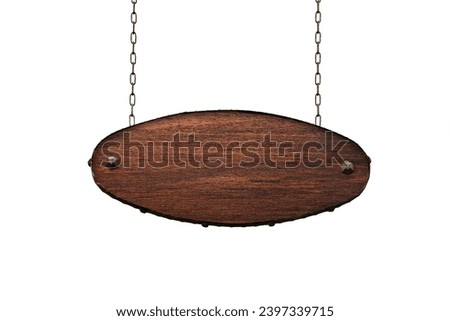 Wooden sign hangs on iron chains. Signboard isolated on white background