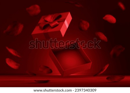 Open gift box flying with rose petals on red background. Valentines, christmas and new year shopping sale promo display. Premium product placement in empty present box design.