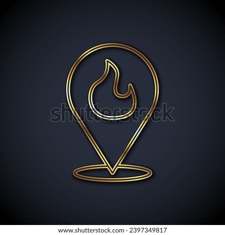 Gold line Map pointer with fire flame icon isolated on black background. Fire nearby.  Vector
