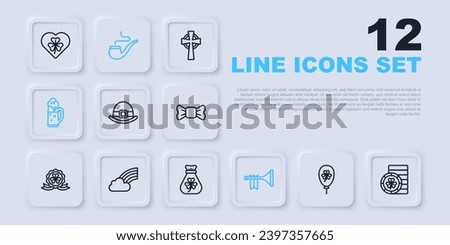 Set line Balloon with clover trefoil leaf, Golden leprechaun coin, Leprechaun hat, Trumpet, Glass of beer, Rainbow cloud, Smoking pipe and Money bag icon. Vector