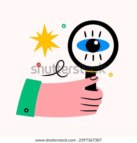 Human hand with magnifying glass. Big eye on lens. Searching, finding, web surfing, looking for opportunities concept. Hand drawn Vector illustration. Isolated design element. Logo, icon template