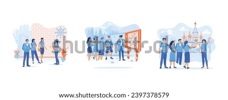 Tourist Guide concept. The female tour guide gave an explanation. Listen to the tour guide's explanation. Young tourists go on a tourist trip. Set Trend Modern vector flat illustration Royalty-Free Stock Photo #2397378579