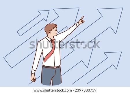 Business development and success concept. Young positive businessman standing pointing up with arrows feeling confident with growth and development vector illustration Royalty-Free Stock Photo #2397380759