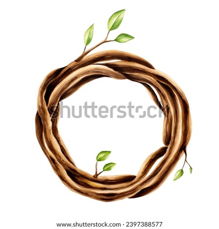 Marker illustration of ethnic wooden wicker wreath of twigs with spring leaves in watercolor style. Hand painted holder isolated on white background. Clip art for designers, cards, invitations, textil
