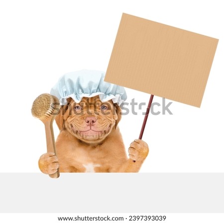 Funny Mastiff puppy wearing shower cap holds shower brush and empty placard above empty white banner. isolated on white background