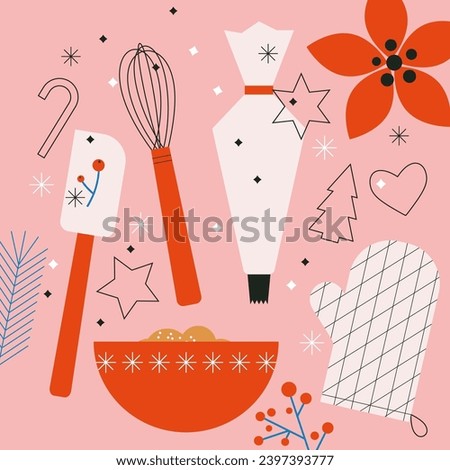 Dessert ingredients and utensils. Baking Christmas gingerbread cookies. Homemade. Flat vector illustration isolated. Trendy abstract style. Festive food, family culinary, baking. Abstract elements. Royalty-Free Stock Photo #2397393777