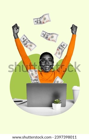Creative artwork pop collage of excited girl using netbook win jackpot on bet website have money rain fall