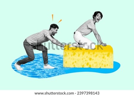 Creative poster banner collage picture of two people lady guy clean house using scrub sponge kitchen supply