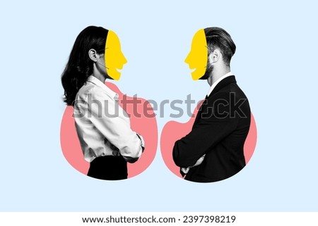 Poster collage picture of confident successful people fake faces and emotions isolated on drawing background Royalty-Free Stock Photo #2397398219