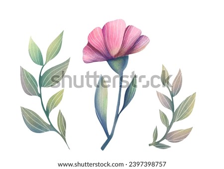 Watercolor trendy pink Flower rosehip or rose. cute plant isolated on white background. for Wedding Invitation, save the date, thank you, greeting card. floral botanical clip art cut out illustration