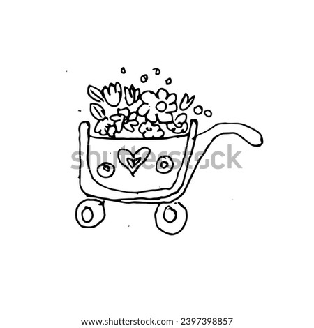 Garden cart with flowers outline doodle