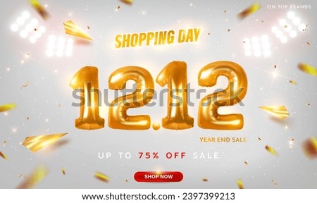 12.12 Shopping day banner template with gold confetti and spotlights on white background. Year end sale. 12 December sales. Shopping holiday, sales, discounts, promotion, ads, banner. Vector EPS10.