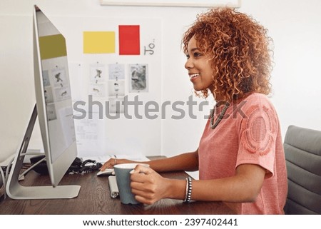 Web design, tea or woman with computer for research, editing or copywriting on blog or website. Happy African person, smile or worker in office, working on internet update, networking or reading news