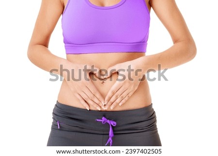Woman, heart hands and stomach for care in studio with gut health in digestion mock up on white background. Female person, gesture or abdomen for wellness of body, diet and nutrition by balanced meal