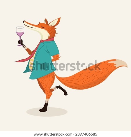 Happy fox drinking wine.Kids Vector Fairy tales characters.