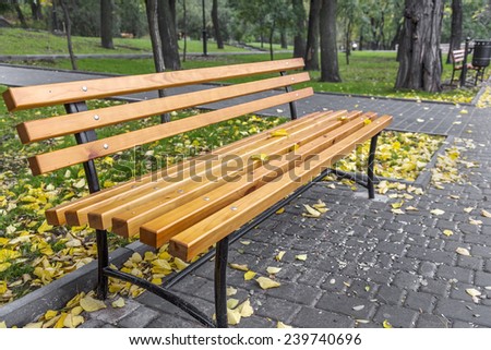 Ã?Â?Ã?Â  Wooden bench in the autumn park close-up photo. Selective focus with shallow depth of field for the creative design of stage