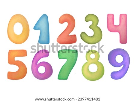 cut out Watercolor collection of various multi colored numbers from 1 to 0 on white background. clip art cute symbols of children age for happy birthday cards. Learning numeracy, mathematics for kids