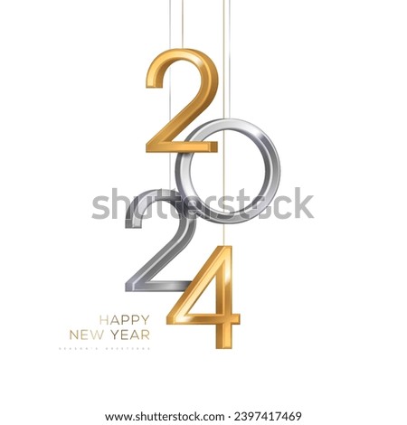 2024 silver and gold numbers hanging on white background. Vector illustration. Minimal logo invitation design for Merry Christmas and Happy New Year. Winter holiday poster brochure voucher