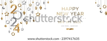 Christmas New Year banner with hanging gold and silver 3d baubles and 2024 numbers on white background. Vector illustration. Winter holiday poster, minimal geometric decorations. Place for text. Royalty-Free Stock Photo #2397417635