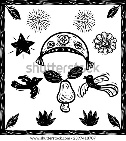 Elements of northeastern culture. Hat, cashew and fireworks. in woodcut style Royalty-Free Stock Photo #2397418707