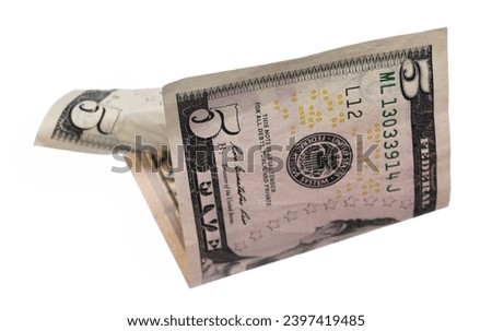 Flying five dollar bill isolated on white, clipping path