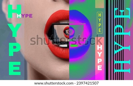 Hype, creative artwork. Woman with red lips holding monitor in mouth, recursion effect Royalty-Free Stock Photo #2397421507