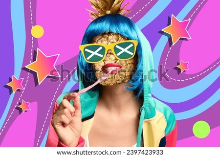 Hype, creative artwork. Woman with pineapple instead of head blowing bubblegum on bright comic background