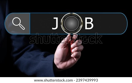 job search concept, find your career, Businessman holding Magnifying glass focus to job online, People searching for vacancies or position on the internet, finding jobs. Unemployed And poor economy.