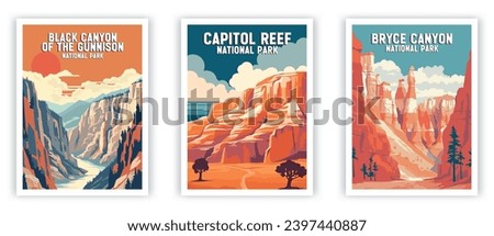 Black Canyon of The Gunnison, Capitol Feef, Bryce Canyon National Park Illustration Art. Travel Poster Wall Art. Minimalist Vector art. Royalty-Free Stock Photo #2397440887