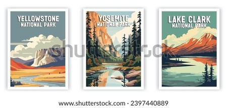Yellowstone, Yosemite, Lake Clark National Park Illustration Art. Travel Poster Wall Art. Minimalist Vector art. Royalty-Free Stock Photo #2397440889