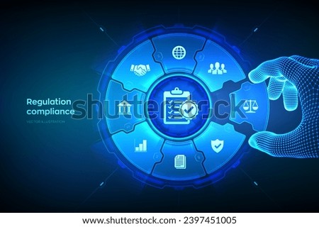 Regulation Compliance financial control technology concept. Compliance rules. Law regulation policy. Wireframe hand places an element into a composition visualizing Reg Tech. Vector illustration. Royalty-Free Stock Photo #2397451005