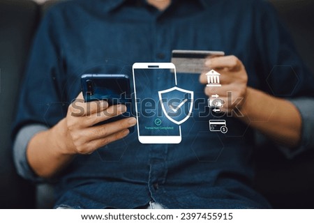Person with mobile smartphone in hand paying online and online shopping with internet banking application. Contactless payment concept background.