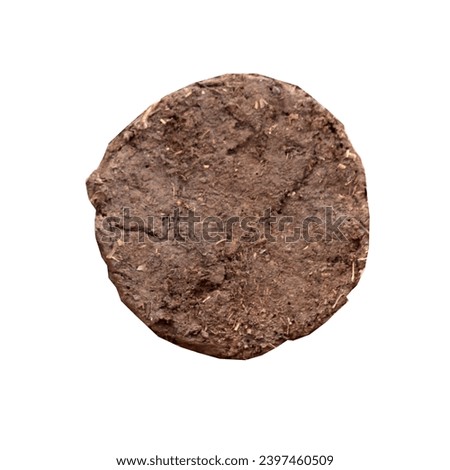 Dry cow dung cake on white background. Also known as kande or uple in India. Use for hawan kund, fire, winter season. Selective focus, cheap fuel  Royalty-Free Stock Photo #2397460509