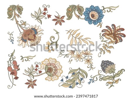 Fantasy flowers in retro, vintage, jacobean embroidery style. Millefleurs trendy floral design. Clip art, set of elements for design Vector illustration.