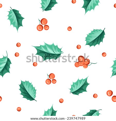 Holly berry seamless pattern, christmas mistletoe pattern. Vector illustration.