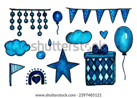 Birthday blue elements. Balloons, clouds, decorations for holiday. Watercolor drawing of holiday elements with garlands and gifts. Blue watercolor illustrations.