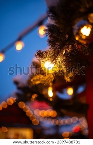 Christmas lights and decorations close up shot, shallow depth of field, blurry background, exterior shot, no peopl.