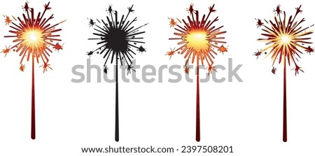 Red Bengal fire set drawing vector clip art festive greeting cards, invitations, banners. Small firework on stick Happy New Year party invitation sparkler firework illustration. Magic wand accessory 