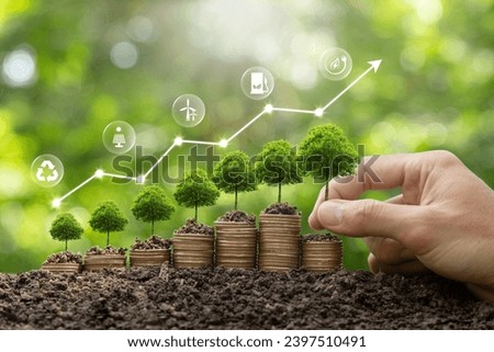 Green business growth. Finance sustainable development. Fund services and sustainable investment. Hand human holding  tree growing on money coin stack and digital growth graph with icons. 