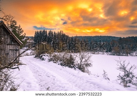 Rural winter landscape in the vicinity of the city of Nuremberg in Germany.