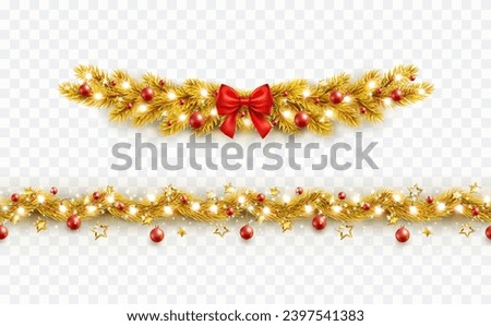 Christmas tree border with golden fir branches, red bow, balls and lights isolated on transparent background. Pine, xmas gold decoration frame and seamless banner. Vector string garland decor set