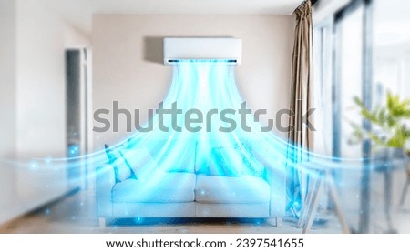 Air conditioner with blue air waves in apartment living room. Royalty-Free Stock Photo #2397541655