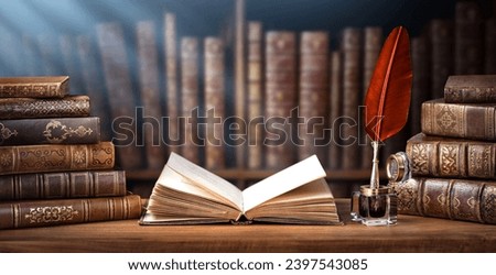 Old books ,quill pen and vintage inkwell in old library. Conceptual background on history, education, ancient, literature topics. Old Books are symbol of knowledge. Retro style. Royalty-Free Stock Photo #2397543085