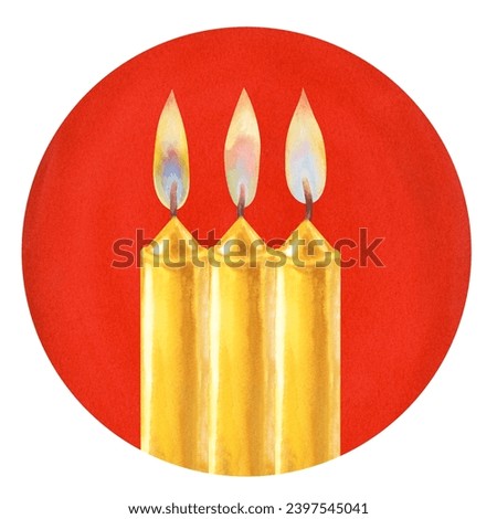 Watercolor candles with flame and light for illustrations for Christmas, Candlemas, wedding, birthday, Easter, magic, memorial day, spa and relaxation for invitations, cards, social posts, banner