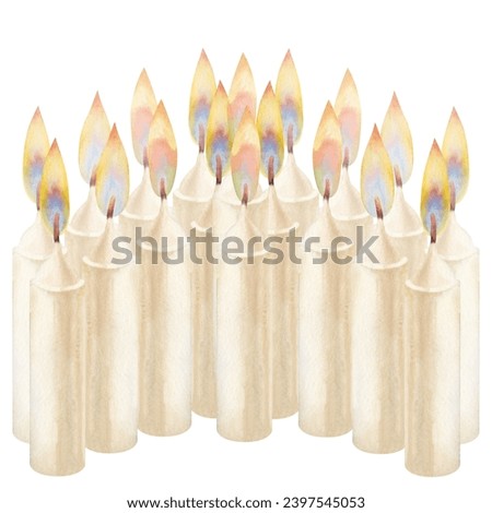 Watercolor candles with flame and light for illustrations for Christmas, Candlemas, wedding, birthday, Easter, magic, memorial day, spa and relaxation for invitations, cards, social posts, banner