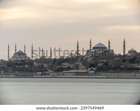Istanbul, looking at the historical peninsula from the Anatolian side, Hagia Sophia and Sultan Ahmed Mosques. medium format high resolution cinematic long exposure photography