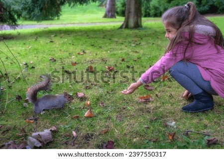 Young girl feeding from hand Grey Squirrel, Latin name Sciurus Carolinensis, with some peanuts in the park, Botanic Garden, Dublin, Ireland